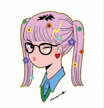 1girl black-framed_eyewear black_eyes blue_shirt blunt_bangs collared_shirt commentary earrings emamemamo33 flower freckles hair_behind_ear hair_flower hair_ornament heart heart_earrings highres jewelry lightning_bolt lightning_bolt_hair_ornament lightning_bolt_symbol looking_at_viewer one_eye_closed original pink_hair pink_lips pursed_lips shirt signature simple_background solo sweater twintails upper_body v-neck white_background