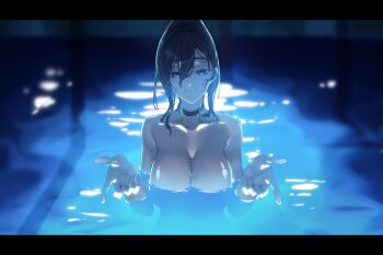 1girl absurdres black_choker black_hair blue_eyes breasts chainsaw_man choker closed_mouth daaku_(koizumi_arata) grenade_pin hair_between_eyes hashtag-only_commentary highres hololive hololive_english huge_breasts looking_at_viewer ouro_kronii partially_submerged pool scene_reference smile solo virtual_youtuber wet wet_hair