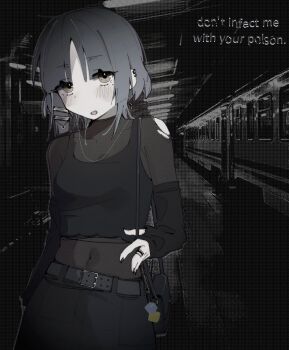 1girl absurdres arm_warmers bag belt black_belt black_nails black_tank_top bocchi_the_rock! charm_(object) commentary covered_navel ear_piercing english_commentary english_text hair_ornament hairclip handbag highres jewelry machuuu68 piercing ring see-through_clothes see-through_shirt shirt solo subway tank_top torn_clothes torn_shirt upper_body yamada_ryo