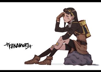 Rule 34 | 1girl, asymmetrical bangs, bandaid, bandaid on cheek, bandaid on face, brown gloves, character name, commentary, eizouken ni wa te wo dasu na!, eyewear on head, freckles, from side, gloves, kanamori sayaka, long hair, rock, solo, takao (88499191)