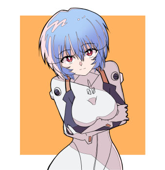 ayanami_rei blue_hair bodysuit breasts commentary_request cowboy_shot crossed_arms expressionless eyelashes leaning_forward looking_at_viewer mecha_pilot_suit medium_breasts neon_genesis_evangelion outside_border plugsuit_(evangelion) red_eyes sanpaku sashimi_(sasihmi) short_hair white_background white_bodysuit yellow_background