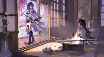 acheron_(honkai:_star_rail) acheron_(izumo)_(honkai:_star_rail) armor black_boots black_shorts blue_sky blunt_bangs blurry boots bra bridge buladeqingjiaosang chinese_commentary dappled_sunlight depth_of_field dual_persona flower from_side hair_over_one_eye highres honkai:_star_rail honkai_(series) horns indoors japanese_clothes katana kimono leg_tattoo light_particles long_hair long_sleeves looking_at_another looking_down looking_up multicolored_hair purple_eyes purple_hair red_horns red_sash sash seiza shade shorts shoulder_armor sitting sky standing streaked_hair sunlight sword tattoo thighs underwear weapon white_kimono wide_sleeves wisteria