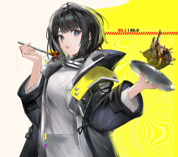 1girl absurdres arknights arknights:_endfield black_coat black_hair coat commentary endministrator_(arknights) eugle_na female_endministrator_(arknights) grey_eyes grey_sweater highres holding holding_plate looking_at_viewer medium_hair open_clothes open_coat open_mouth originium_slug_(arknights) plate solo sweater turtleneck turtleneck_sweater two-tone_background upper_body