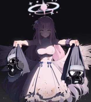 1girl absurdres angel_wings arm_behind_back black_background blood blue_archive blush breasts buttons closed_mouth collarbone commentary_request crescent dress feathered_wings flower gas_mask gradient_hair hair_bun hair_flower hair_ornament halo highres holding holding_mask injury justina_follower_(blue_archive) large_breasts long_hair looking_at_viewer low_wings mask mika_(blue_archive) multicolored_hair pink_hair pink_halo purple_eyes purple_flower purple_hair samgong scrunchie single_hair_bun single_side_bun sleeveless sleeveless_dress smile solo very_long_hair white_dress white_wings wide-eyed wing_ornament wings yellow_eyes
