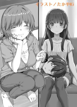 Rule 34 | 1boy, 2girls, absurdres, arm support, artist name, blush, breasts, brother and sister, brother and step-sister, closed eyes, closed mouth, collarbone, commentary request, grin, head rest, higashira isana, highres, hood, hoodie, index finger raised, irido mizuto, irido yume, lap pillow, large breasts, long hair, mamahaha no tsurego ga moto kano datta, multiple girls, novel illustration, official art, pants, parted lips, second-party source, shirt, short hair, short sleeves, siblings, sitting, sleeping, smile, step-brother and step-sister, step-siblings, takayaki, thighhighs