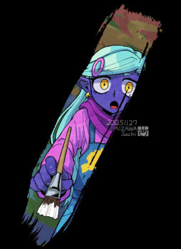 Rule 34 | 1boy, aizawa sachi, artist name, blue overalls, colored skin, commentary request, dated, ear piercing, fingernails, green hair, hair ornament, hairclip, holding, holding paintbrush, long hair, looking at viewer, male focus, omori, open mouth, overalls, paint on clothes, paint splatter, paintbrush, piercing, pink sweater, pointy ears, purple scarf, purple skin, rococo (omori), scarf, solo, sweater, swept bangs, tongue, yellow eyes