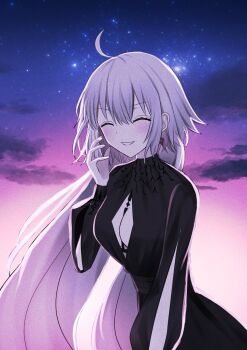 1girl ahoge black_dress blush breasts cleavage_cutout closed_mouth clothing_cutout cloud commentary_request dress fate/grand_order fate_(series) grey_hair grin hair_between_eyes jeanne_d&#039;arc_alter_(fate) jeanne_d&#039;arc_alter_(flames_of_applause)_(fate) long_hair medium_breasts night night_sky official_alternate_costume outdoors roro_982 sky smile solo very_long_hair