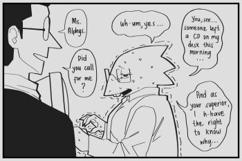 1boy 1girl alphys collared_shirt commentary computer deltarune english_commentary english_text glasses greyscale highres jacket looking_at_another minominoks monochrome necktie round_eyewear shirt spamton_g._spamton speech_bubble sweat trembling upper_body utdr_(toby_fox)