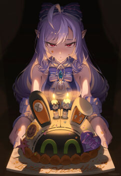 1girl absurdres ahoge bangboo_(zenless_zone_zero) bare_shoulders bbang_uk_00000 belle_(zenless_zone_zero) birthday_cake black_bow blue_gemstone blurry blurry_background blush bow bowtie breasts cake candle clothing_cutout dark_background drill_hair food food_on_face frilled_one-piece_swimsuit frilled_wrist_cuffs frills gem hair_bow heart_cutout highres incoming_gift looking_at_viewer mole mole_under_eye official_alternate_costume one-piece_swimsuit pointy_ears purple_bow purple_bowtie purple_hair red_eyes see-through_clothes shadow sideboob_cutout solo swimsuit two-tone_one-piece_swimsuit upper_body vivian_banshee vivian_banshee_(iris_of_the_shore) wise_(zenless_zone_zero) wrist_cuffs zenless_zone_zero