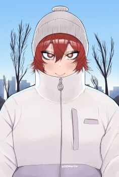 1girl aizawa_tomo bare_tree black_eyeshadow blue_sky blush bright_pupils cityscape closed_mouth commentary dot_nose english_commentary eyelashes eyeshadow hair_between_eyes hat heart heart-shaped_pupils highres jacket looking_at_viewer makeup oomartm outdoors red_eyes red_hair short_hair sky smile solo symbol-shaped_pupils tomboy tomo-chan_wa_onna_no_ko tree twitter_username upper_body white_hat white_jacket white_pupils winter_clothes zipper_pull_tab