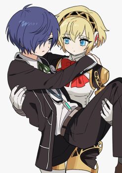 1boy 1girl aigis_(persona) android black_jacket black_pants blue_eyes blue_hair bow bowtie carrying closed_mouth collared_shirt commentary_request eyelashes gekkoukan_high_school_uniform green_ribbon grey_background hair_between_eyes hair_over_one_eye hetero highres jacket mp3_player neck_ribbon pants parted_lips persona persona_3 princess_carry red_bow red_bowtie ribbon school_uniform shirt shiryoku_kensa short_hair white_shirt yuuki_makoto_(persona_3)