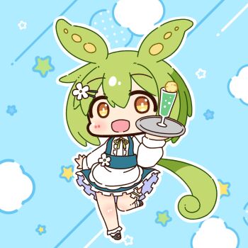 1girl :d black_shoes blue_background blue_skirt blush chibi chibi_only commentary_request flower food full_body green_hair green_ribbon hair_flower hair_ornament highres holding holding_tray ice_cream ice_cream_float long_hair long_sleeves looking_at_viewer neck_ribbon open_mouth pea_pod ribbon shirt shizukushigure shoes skirt smile socks solo standing standing_on_one_leg suspender_skirt suspenders tray voiceroid voicevox waitress waitress_zundamon white_flower white_shirt white_socks yellow_eyes zundamon