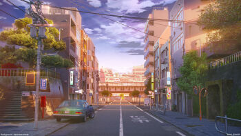 3d apartment balcony bridge building car city cloud contrail cumulonimbus_cloud evening highres mixed-language_commentary motor_vehicle no_humans original outdoors power_lines railing revision road road_sign scenery shrine sidewalk sign sitai_xiii sky stairs summer sunset traffic_mirror tree utility_pole window
