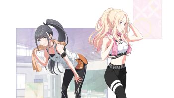 Rule 34 | 2girls, amaya tsubame, bent over, black hair, blonde hair, blue eyes, bottle, chalkboard, english text, forehead, gakuen idolmaster, game cg, holding, idolmaster, juo sena, multicolored hair, multiple girls, official art, pants, pink hair, ponytail, short shorts, shorts, sports bra, sportswear, table, towel, towel around neck, window, yoga pants