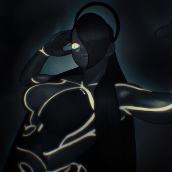 Rule 34 | 1girl, aot 4000, artist name, black hair, breasts, commentary, female seth (street fighter), glowing, glowing eyes, hair over one eye, hair rings, long hair, neon trim, single hair ring, solo, street fighter, street fighter v