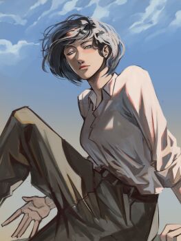 Rule 34 | 1girl, \||/, absurdres, belt, black hair, blue eyes, bob cut, cloud, cloudy sky, collared shirt, commentary, day, english commentary, feet out of frame, highres, jet (shadow slave), knee up, logicsterrr, looking at viewer, outdoors, shadow slave, shirt, shirt tucked in, short hair, sidelighting, sky, sleeves rolled up, smirk, solo, white shirt