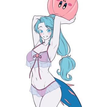 1girl armpits arms_up ball beachball bikini blue_eyes blue_hair breasts commentary cowboy_shot english_commentary frilled_bikini frills gen_7_pokemon grin holding holding_ball holding_beachball kirby kirby_(series) kirby_otaku large_breasts long_hair looking_at_viewer navel nintendo pale_skin pearl_hair_ornament personification pink_bikini pokemon primarina simple_background smile solo swimsuit transparent_background