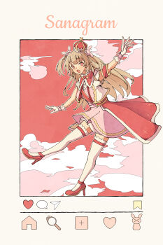 1girl :d absurdres armband blonde_hair capelet cloud commentary_request crown dress fake_phone_screenshot fake_screenshot full_body fur-trimmed_capelet fur_trim gloves hair_ornament high_heels highres instagram long_hair looking_at_viewer mini_crown naranoashika natori_sana natori_sana_(sana_channel_king) official_alternate_costume open_mouth outstretched_arms pink_dress rabbit_hair_ornament red_capelet red_eyes red_sash red_shoes sana_channel sash shoes sky smile solo spread_arms standing standing_on_one_leg thighhighs translation_request two_side_up user_interface virtual_youtuber white_gloves white_thighhighs