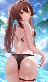 1girl absurdres ass ass_focus back bare_shoulders bikini blue_sky breasts brown_bikini brown_hair cloud commentary_request cowboy_shot day from_behind genshin_impact hair_between_eyes highres hu_tao_(genshin_impact) long_hair looking_at_viewer looking_back outdoors palm_tree red_eyes sky small_breasts solo swimsuit thigh_strap thighs tree twintails very_long_hair wakya