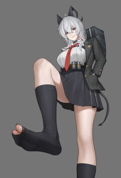 1girl absurdres ahoge bag black_choker black_jacket black_nails black_skirt black_socks breasts chinese_commentary choker collared_shirt commentary_request demon_tail earrings feet foot_focus foot_out_of_frame grey_hair high-waist_skirt highres horns jacket jewelry large_breasts legs long_hair long_sleeves looking_at_viewer miniskirt mouth_hold nail_polish necktie no_shoes pouch red_eyes red_necktie ribbed_socks sa-baaa school_bag school_uniform shirt shoe_soles sidelocks simple_background skirt socks soles solo stepping_on_object tail toenail_polish toenails toes torn_clothes torn_socks variant_set white_background white_shirt wuthering_waves zani_(wuthering_waves)