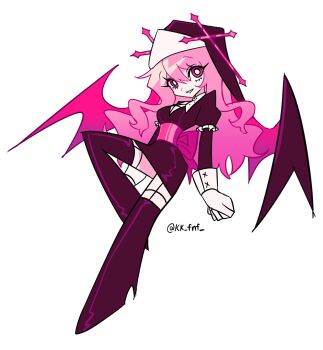 1girl breasts dress friday_night_funkin&#039; gloves grin highres kk_fnf long_hair long_sleeves looking_at_viewer nun panty_&amp;_stocking_with_garterbelt panty_&amp;_stocking_with_garterbelt_(style) parody pink_hair sarvente_(friday_night_funkin&#039;) simple_background smile solo style_parody thighhighs white_background wings