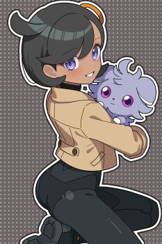 1girl absurdres ass black_bodysuit black_hair bodysuit brown_jacket emma_(pokemon) espurr gen_6_pokemon grey_background grin hair_ornament highres holding holding_pokemon jacket looking_at_viewer nintendo odorukaminoke pokemon pokemon_(creature) pokemon_legends:_z-a polka_dot polka_dot_background purple_eyes short_hair side_ahoge skin_tight smile