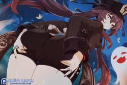 1girl animated ass ass_focus ass_shake black_headwear black_shorts blinking breasts brown_hair bug butterfly closed_eyes come_hither cowboy_shot fang from_behind genshin_impact ghost grabbing_own_ass grin half-closed_eyes hu_tao_(genshin_impact) huge_ass huge_filesize insect jewelry live2d long_sleeves looking_at_viewer looking_back lowres multicolored_hair nail_polish night one_eye_closed open_mouth red_eyes red_hair red_nails ring short_shorts shorts sky small_breasts smile sollyz solo standing thick_thighs thighs tree twintails two-tone_hair video watermark wink