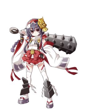 &gt;:| 1girl :| akaneya black_hair braid breasts closed_mouth club club_(weapon) detached_sleeves female_focus full_body hand_on_own_hip holding holding_weapon kanabou kozukata_(oshiro_project) looking_at_viewer miniskirt official_art oshiro_project:re pleated_skirt red_eyes sandals skirt solo thick_eyebrows thighhighs transparent_background v-shaped_eyebrows weapon