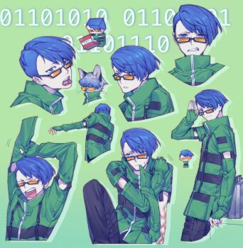 Rule 34 | 1boy, animalization, binary, black-framed eyewear, black pants, blue eyes, blue hair, chibi, chibi inset, clenched teeth, clothes in mouth, collared jacket, commentary, cropped legs, cropped shoulders, cropped torso, detached sleeves, drop shadow, english commentary, explosive, fingerless gloves, from behind, from side, glasses, gloves, green jacket, grenade pin, grenade pin in mouth, grey background, highres, jacket, looking ahead, looking at viewer, looking to the side, male focus, multiple views, open mouth, orange-tinted eyewear, outstretched arm, pants, person and animalization, persona, persona 3, salute, shirato jin, short hair, simple background, smile, stretching, striped clothes, striped jacket, teeth, tinted eyewear, tkjnbrnrt, tnt, tnt block (minecraft), tongue, tongue out, undercut, yawning