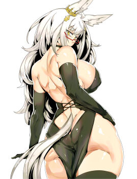 Rule 34 | 1girl, absurdres, animal ears, ass, back, backless dress, backless outfit, bare shoulders, biwa hayahide (umamusume), black dress, black gloves, black thighhighs, breasts, butt crack, choker, commentary, dress, ear ornament, elbow gloves, english commentary, glasses, gloves, highres, horse ears, horse girl, horse tail, large breasts, long hair, looking at viewer, looking back, minew, pelvic curtain, sideboob, solo, tail, thighhighs, umamusume, white hair, yellow eyes