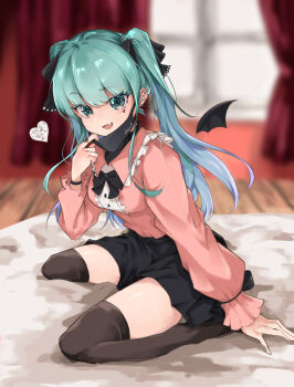 1girl :d absurdres adjusting_mask aqua_eyes aqua_hair bat_wings black_bow black_bowtie black_skirt black_thighhighs blue_hair blurry bow bowtie center_frills collared_shirt commentary_request curtains facial_mark fang frills full_body gradient_hair hatsune_miku heart heart_facial_mark highres long_hair long_sleeves looking_at_viewer mask misoni_(mi_so_ni_t) mouth_mask multicolored_hair open_mouth pink_shirt puffy_long_sleeves puffy_sleeves purple_hair shirt skirt smile solo thighhighs thighs tongue twintails vampire_(vocaloid) vocaloid window wings zettai_ryouiki