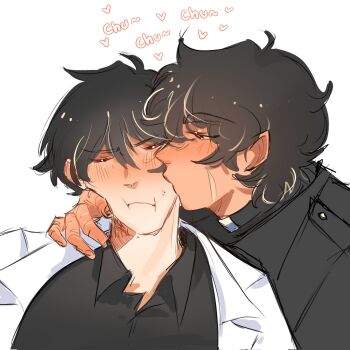 2boys belt_collar black_coat black_hair black_shirt blush coat collar collared_shirt commentary english_commentary hand_on_another's_shoulder highres kim_dokja kiss lumolyv male_focus multiple_boys omniscient_reader's_viewpoint open_clothes open_coat pout scar scar_on_face shirt short_hair upper_body white_coat yaoi yoo_joonghyuk