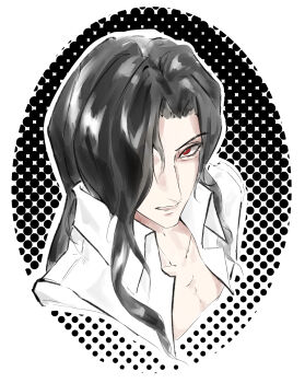 1boy absurdres black_hair collared_shirt commentary_request hair_over_one_eye highres long_hair looking_at_viewer male_focus michael_roa_valdamjong open_clothes open_shirt profile red_eyes shirt tsukihime user_mtke5482 vampire wavy_hair white_shirt