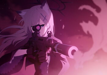 1girl aiming animal_ear_fluff animal_ears artist_request assault_rifle black_dress black_gloves blue_archive blue_eyes blue_halo cross_hair_ornament dress extra_ears game_cg gloves gun hair_ornament halo highres holding holding_gun holding_weapon long_hair non-web_source official_art rifle shiroko_terror_(blue_archive) solo weapon wolf_ears wolf_girl