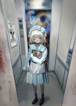 1girl alien bandaid bandaid_on_face bandaid_on_nose black_shoes blonde_hair blood blood_on_wall blue_skirt commentary elevator frilled_hairband frills full_body grey_alien grey_sweater_vest hairband hayu_(hayu0305) highres holding indoors long_sleeves looking_at_viewer one_eye_closed original poster_(object) shoes skirt solo space standing sweater_vest symbol-only_commentary