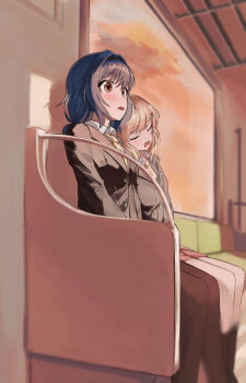 absurdres afternoon_sky blush furutani_himawari highres inside_train keibi_inu leaning_on_person oomuro_sakurako pantyhose yuri yuruyuri