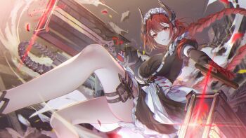 1girl absurdres apron ass bare_legs black_dress braid breasts dot_nose dress duet_night_abyss feet_out_of_frame fighting floating floating_hair gloves gun highres hilda_(duet_night_abyss) holding holding_gun holding_weapon huge_breasts jumping long_hair looking_at_viewer maid_apron maid_headdress no_panties ozzingo red_eyes red_gloves red_hair solo thighs tight_clothes tight_dress twin_braids very_long_hair weapon