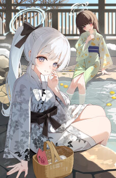 Rule 34 | 2girls, absurdres, ahoge, alternate costume, arm support, basket, black bow, black hair, blue archive, blue halo, blush, bow, braid, cellphone, commentary request, day, floral print, floral print kimono, green kimono, hair bow, halo, highres, japanese clothes, kimono, long hair, looking at viewer, miyako (blue archive), miyu (blue archive), multiple girls, open mouth, phone, ponytail, print kimono, purple eyes, red eyes, sikimosh, sitting, smartphone, smile, soaking feet, water, white hair, white kimono