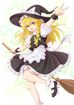 Rule 34 | 1girl, :d, apron, black hat, black shoes, black skirt, black vest, blonde hair, bobby socks, bow, braid, broom, commentary request, foot out of frame, frilled apron, frilled skirt, frills, green bow, hair between eyes, hair bow, hat, hat bow, highres, holding, holding broom, kirisame marisa, long hair, looking at viewer, open mouth, outstretched arm, senbei (user fmpw5233), shirt, shoes, short sleeves, single braid, skirt, skirt set, smile, socks, solo, standing, standing on one leg, star (symbol), touhou, turtleneck, turtleneck shirt, vest, w, waist apron, white apron, white bow, white shirt, white socks, wrist cuffs, yellow eyes