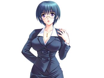blazer blue_hair breasts cleavage game_cg izawa_ritsuko jacket jewelry kuroda_akimi large_breasts necklace non-web_source official_art parted_lips pencil_skirt pixie_cut purple_eyes ring semi-rimless_eyewear short_hair skirt teacher tsuma_shibori tsumamigui_(series) wedding_ring