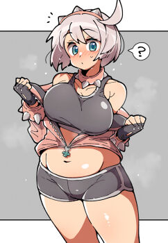 Rule 34 | 1girl, ?, bare shoulders, blue eyes, blush, breasts, closed mouth, cowboy shot, dolphin shorts, double-parted bangs, elphelt valentine, fingerless gloves, gloves, grey background, grey gloves, grey hair, grey shorts, grey sports bra, guilty gear, guilty gear strive, hairband, highres, itsuka neru, jacket, jacket partially removed, large breasts, letterboxed, looking at viewer, navel, notice lines, outside border, pink hairband, pink jacket, plump, short hair, short shorts, shorts, solo, speech bubble, spiked hairband, spikes, spoken question mark, sports bra, stomach, thighs