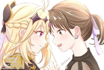 2girls absurdres antenna_hair black_bow black_capelet black_dress blonde_hair blush bow brown_hair capelet closed_mouth commentary_request cure_arcana_shadow dress hair_bow hair_intakes hair_ornament highres holding_hands jewelry long_hair looking_back magical_girl meitantei_precure! moria_luluka multiple_girls open_mouth ponytail precure real_life ribbon ringo_(r5_hw24s) short_hair short_ponytail smile touyama_nao voice_actor voice_actor_connection zooming_in