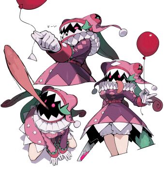 1girl absurdres balloon belt blood bloomers buckle chameleon_girl chameleon_tail clown commentary cropped_legs dress face_in_shadow gloves glowing glowing_eyes green_hair hat highres holding holding_balloon holding_saw long_tongue monster_girl multicolored_dress neck_ruff original pink_blood pink_dress pink_eyes pom_pom_(clothes) purple_dress ringed_eyes saliva simple_background solo star_(symbol) star_print symbol-only_commentary tail tongue tongue_out underwear white_background white_bloomers white_gloves zizi_niisan