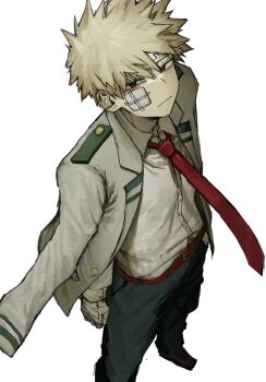 Rule 34 | 1boy, arm out of sleeve, bakugou katsuki, bandaged hand, bandages, bn 56s, boku no hero academia, closed mouth, collared shirt, full body, gauze, gauze on cheek, highres, jacket, lapels, long sleeves, male focus, necktie, notched lapels, red eyes, red necktie, school uniform, shirt, shoes, simple background, solo, standing, u.a. school uniform, white background, white shirt, wing collar