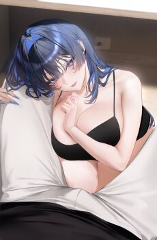 1boy 1girl absurdres black_camisole black_shirt blue_eyes blue_hair breasts camisole cleavage colored_inner_hair commentary_request hair_intakes highres hololive hololive_english large_breasts long_hair looking_at_viewer lyusiola multicolored_hair ouro_kronii pants parted_lips pov shirt solo solo_focus under_table virtual_youtuber white_pants