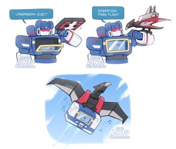 artist_name assault_visor clenched_hand commentary decepticon english_text flying heart laserbeak lintufriikki mecha mecha_focus musical_note non-humanoid_robot radio robot robot_animal science_fiction soundwave_(transformers) speech_bubble symbol-only_commentary transformers transformers:_generation_1 twitter_username watermark yellow_eyes