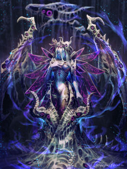1girl blue_eyes blue_skin bone breasts colored_skin dragon_wings full_body hair_between_eyes hair_ornament hand_on_own_chest highres keselum_(neganeura) medium_breasts monster_girl original purple_eyes ringed_eyes skeletal_wings skull_hair_ornament smile solo torn_wings white_hair wings