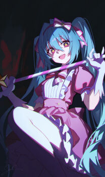 1girl absurdres blue_hair bow bowtie chinese_commentary commentary_request dress gloves hair_bow hairband hatsune_miku highres holding holding_wand ima_sugu_rinne_(vocaloid) long_hair looking_at_viewer magical_girl open_mouth pink_bow pink_bowtie pink_dress pink_hairband purple_eyes shali short_sleeves smile solo star-shaped_pupils star_(symbol) star_wand symbol-shaped_pupils twintails vocaloid wand white_gloves