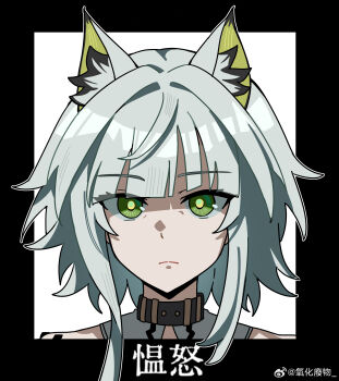 1girl absurdres animal_ear_fluff animal_ears arknights black_border border chinese_text closed_mouth green_eyes grey_hair highres kal&#039;tsit_(arknights) looking_at_viewer outside_border portrait short_hair simple_background solo split_mouth translation_request watermark weibo_watermark white_background wwfo_2