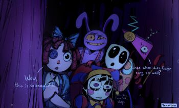 1boy 1other 3girls animal_ears antennae asymmetrical_eyes black_hair blush bow button_eyes buttons claws colored_sclera colored_teeth curtains dress english_text gangle_(the_amazing_digital_circus) grin hair_bow hands_on_another's_head hat highres jax_(the_amazing_digital_circus) jester jester_cap jester_costume mask multicolored_clothes multicolored_eyes multiple_girls patchwork_clothes pomni_(the_amazing_digital_circus) rabbit_boy rabbit_ears ragatha_(the_amazing_digital_circus) red_hair red_ribbon ribbon smile teashteinn the_amazing_digital_circus twitter_username yellow_sclera yellow_teeth zooble_(the_amazing_digital_circus)